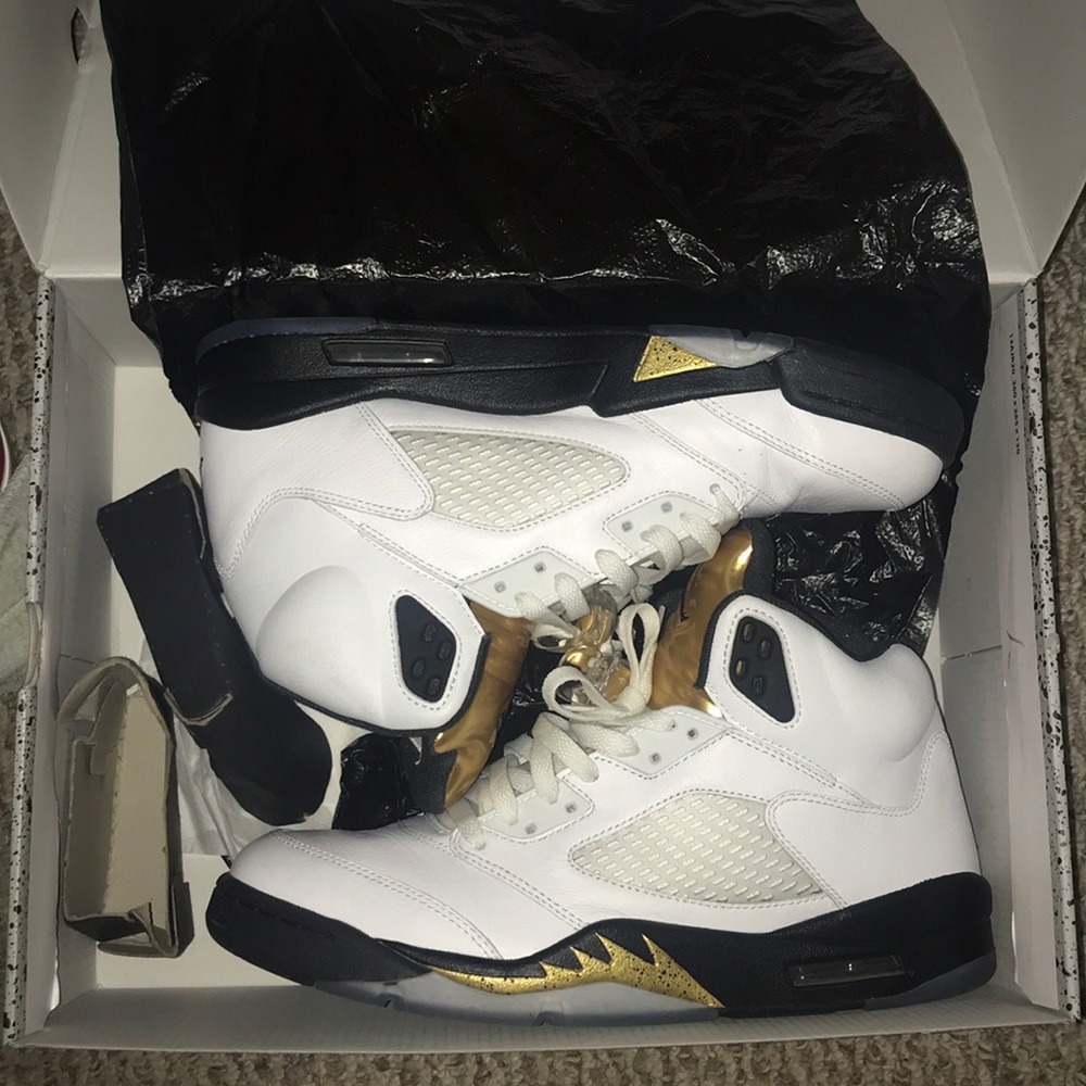 White and gold Jordan 5s
